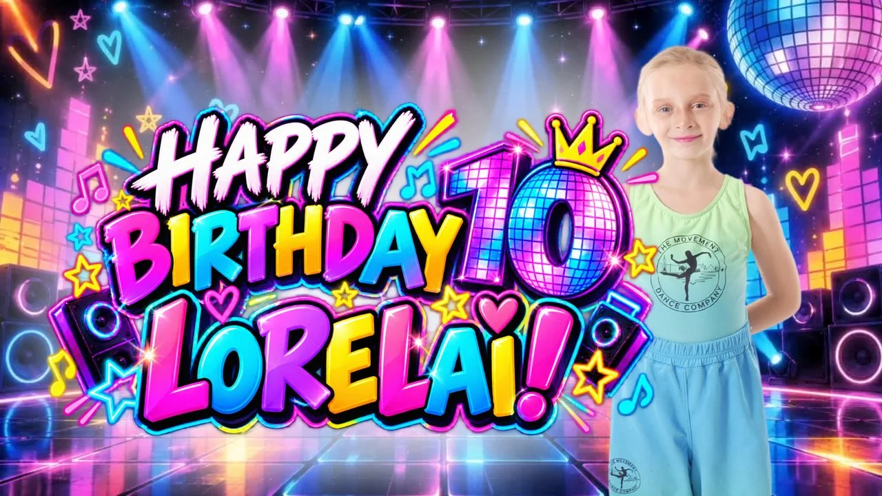 Just Dance video game disco birthday backdrop featuring the birthday child on a neon dance floor