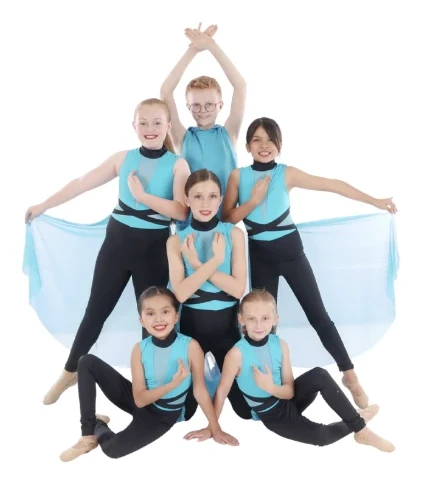 Company dancers in aqua lyrical costumes in a pyramid pose