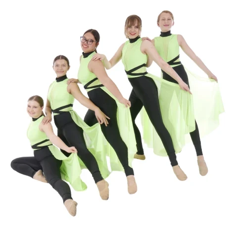 Company dancers in lime green lyrical costumes in a diagonal line