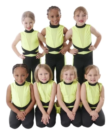 Mini Company dancers in lime and black costumes smiling