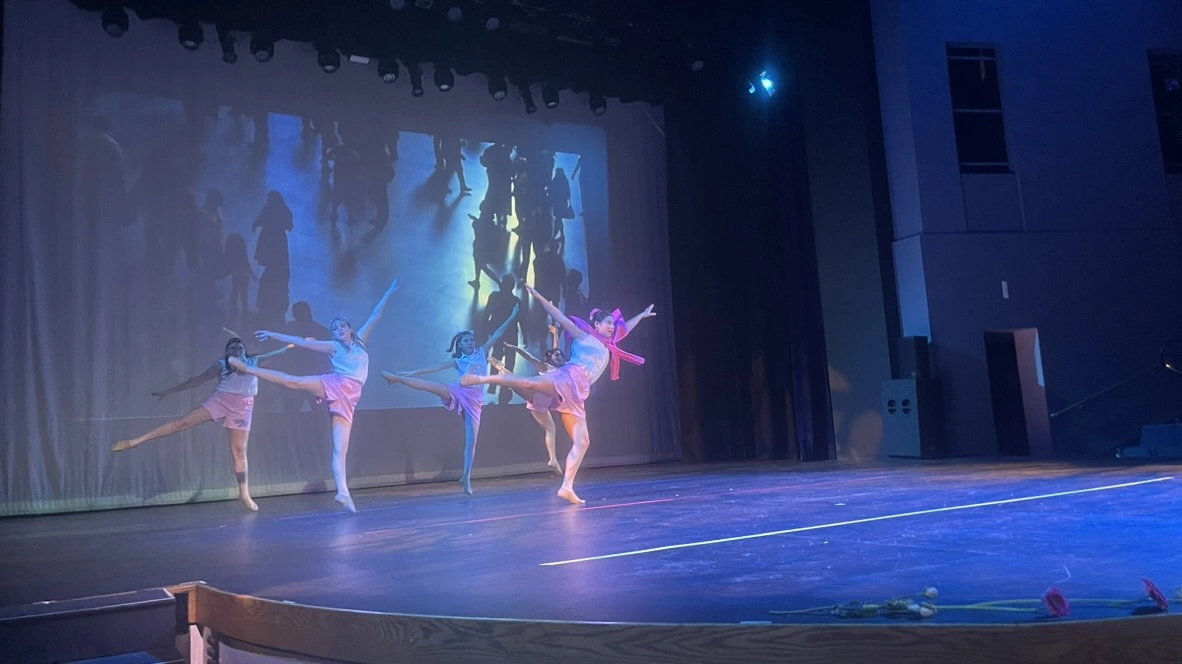 Company dancers in pink kicking in front of a silhouette backdrop