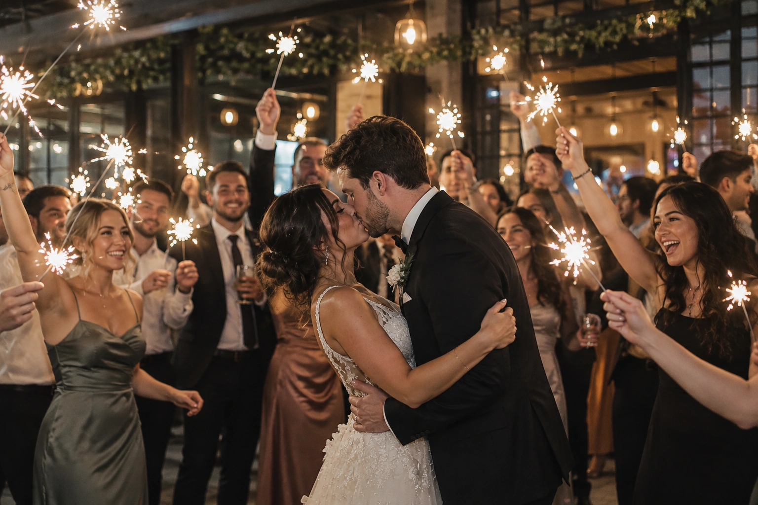 Wedding guests holding sparklers as the couple kisses on the dance floor